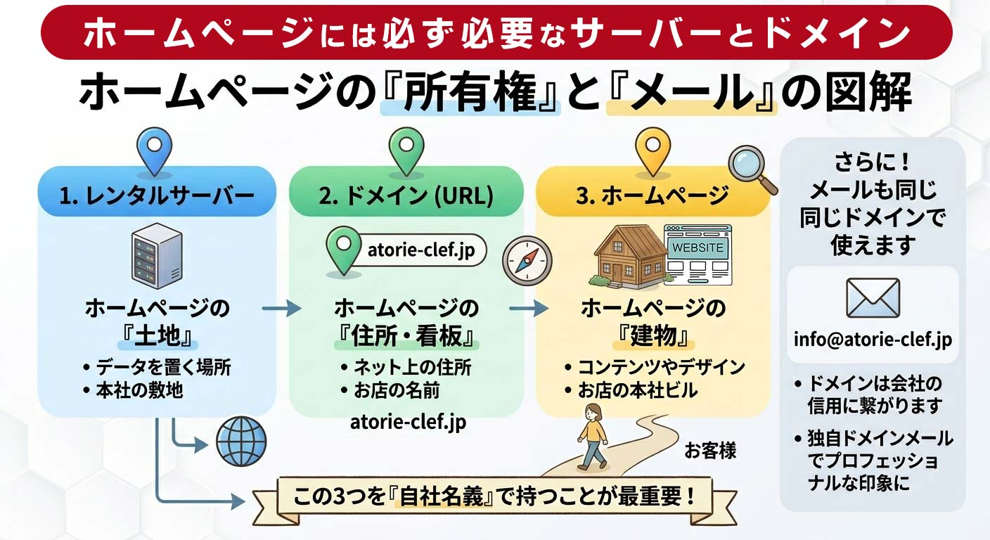 ホームページの仕組み図解。土地をサーバー、住所・看板をドメイン、建物をコンテンツに例え、自社名義の重要性と独自ドメインメールのメリットを説明した図
