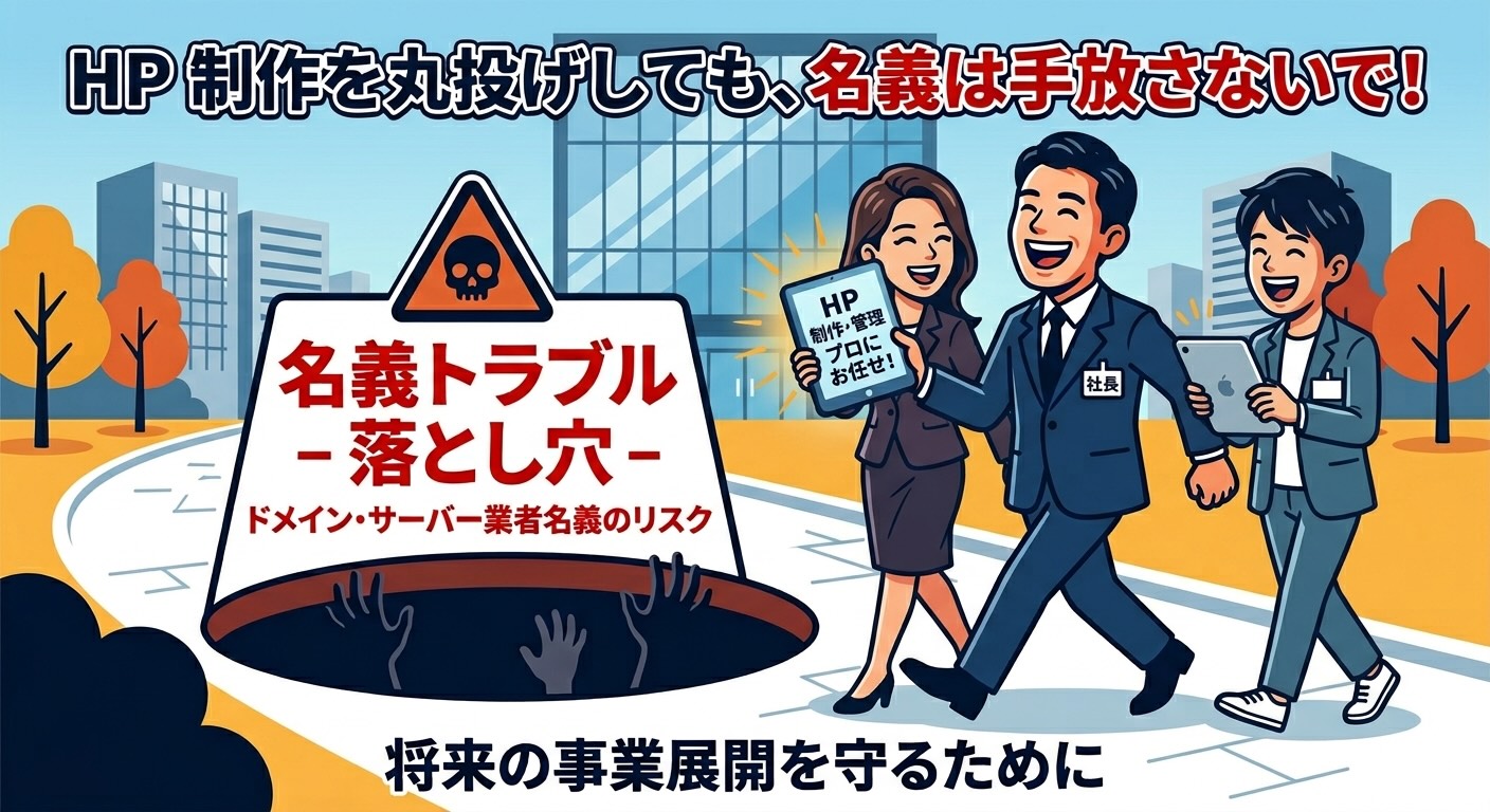 ホームページ制作を丸投げして歩く経営者が、足元の『ドメイン名義トラブル』という落とし穴に気づいていないリスク啓発イラスト